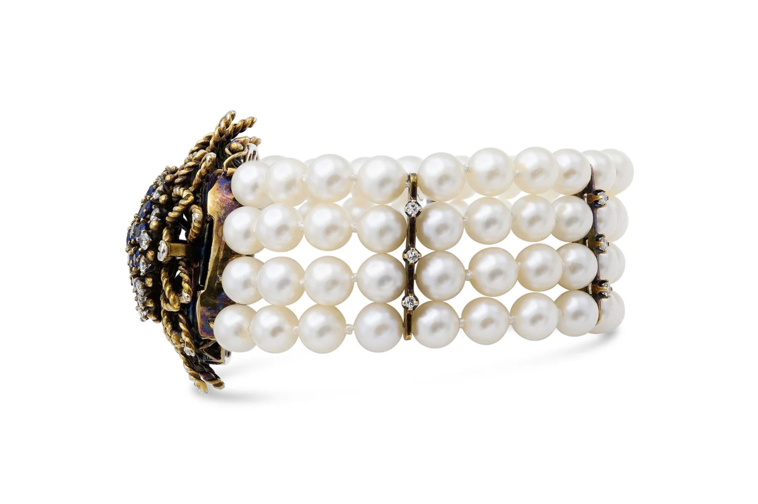 Pulsera vintage de perlas de 4 vueltas de los años 50 con cierre de flor de zafiro en Bueno estado para la venta en New York, NY