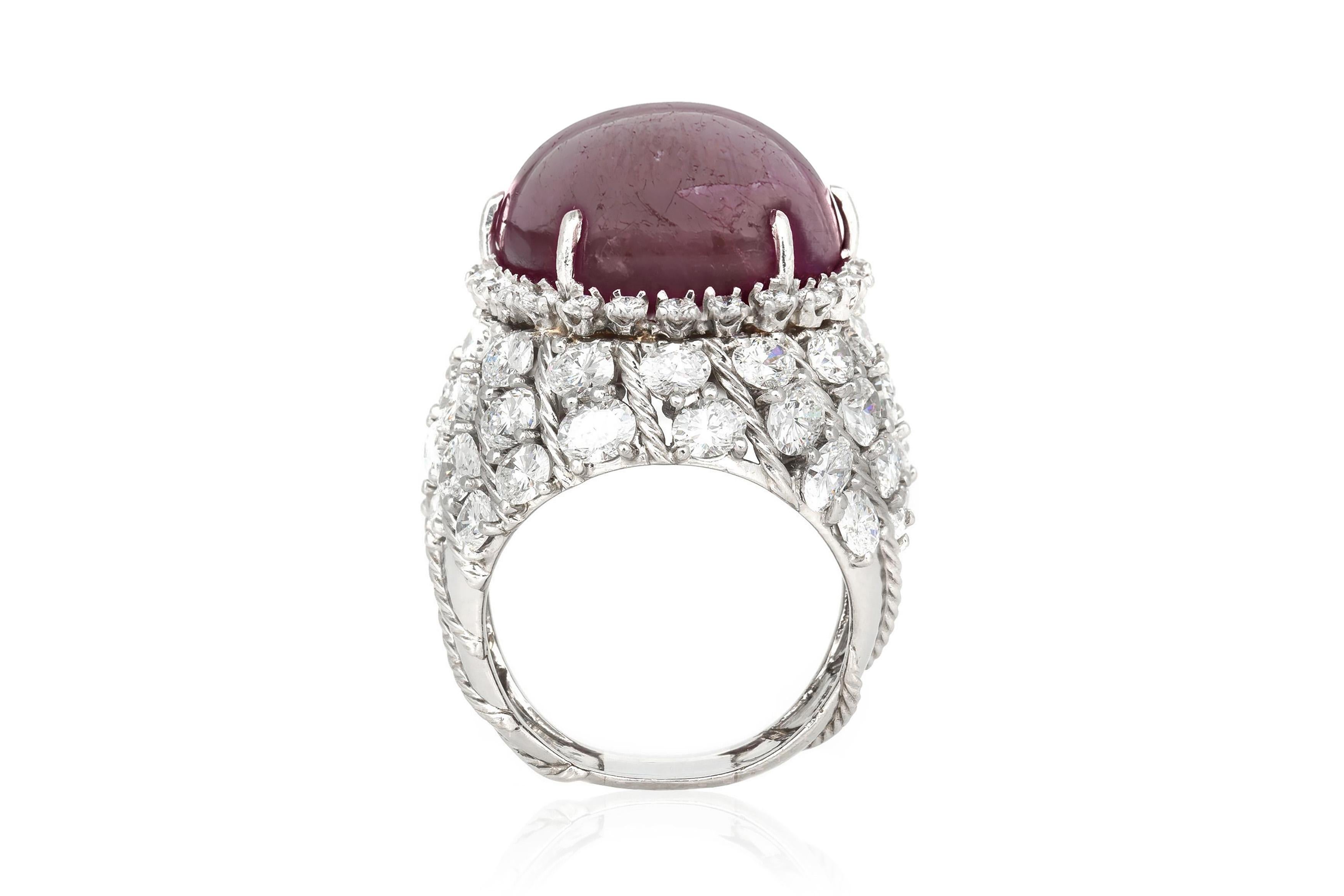 Women's Vintage 1950s 40.73 Carat Cabochon Burma Star Ruby Ring with Diamonds For Sale