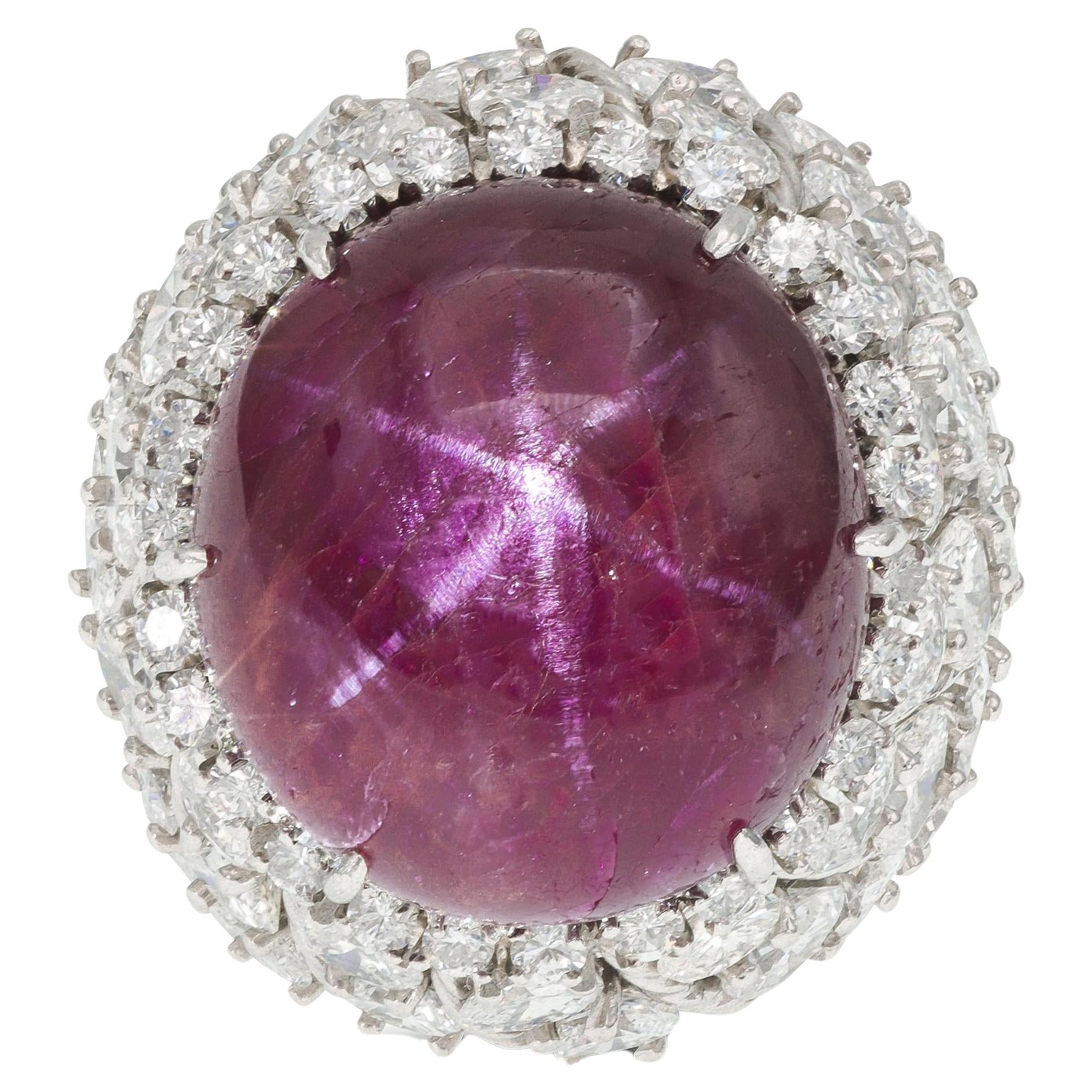 Vintage 1950s 40.73 Carat Cabochon Burma Star Ruby Ring with Diamonds
