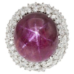 Vintage 1950s 40.73 Carat Cabochon Burma Star Ruby Ring with Diamonds