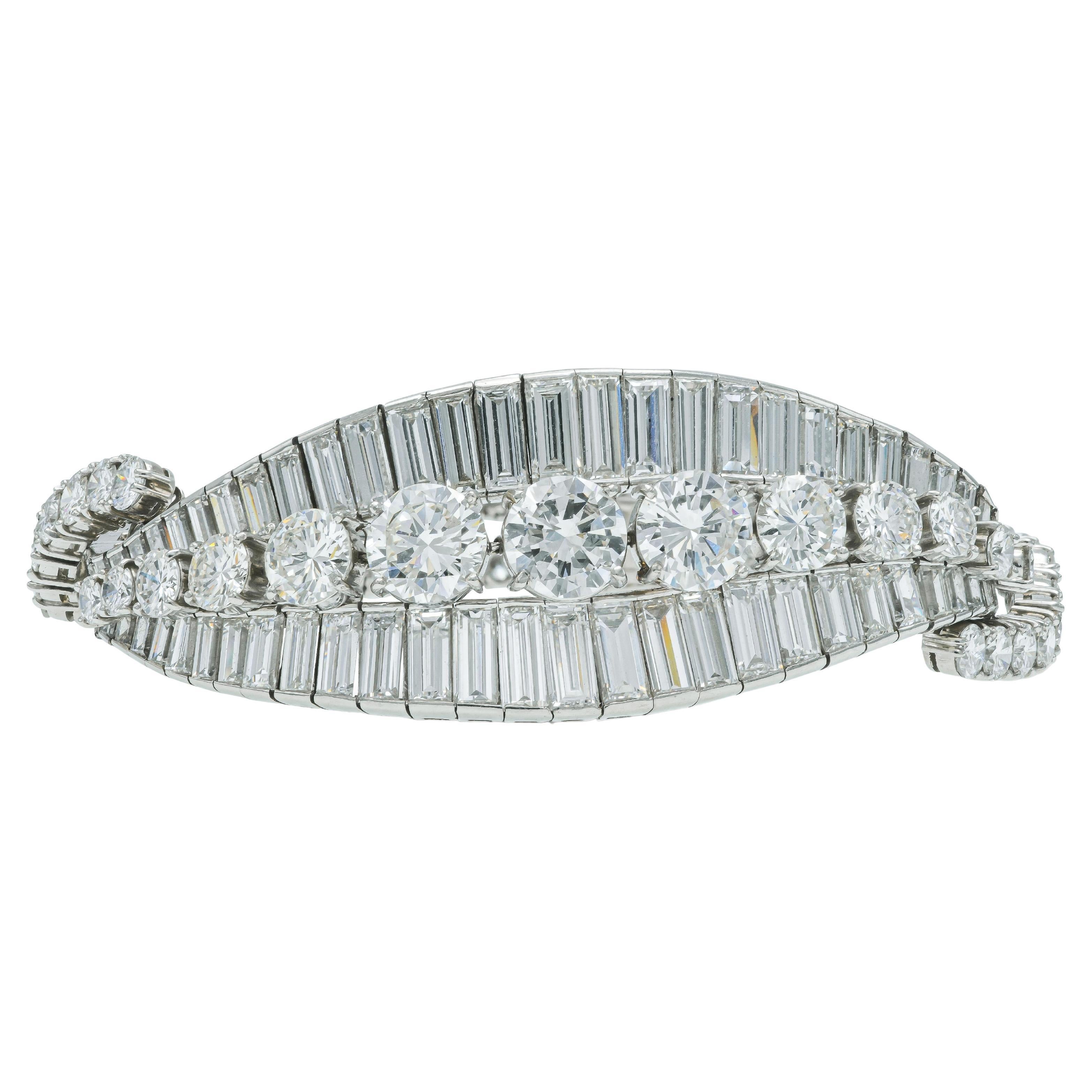 Vintage 1950s 46.75 Carat Round Brilliant and Baguette Cut Diamond Bracelet For Sale