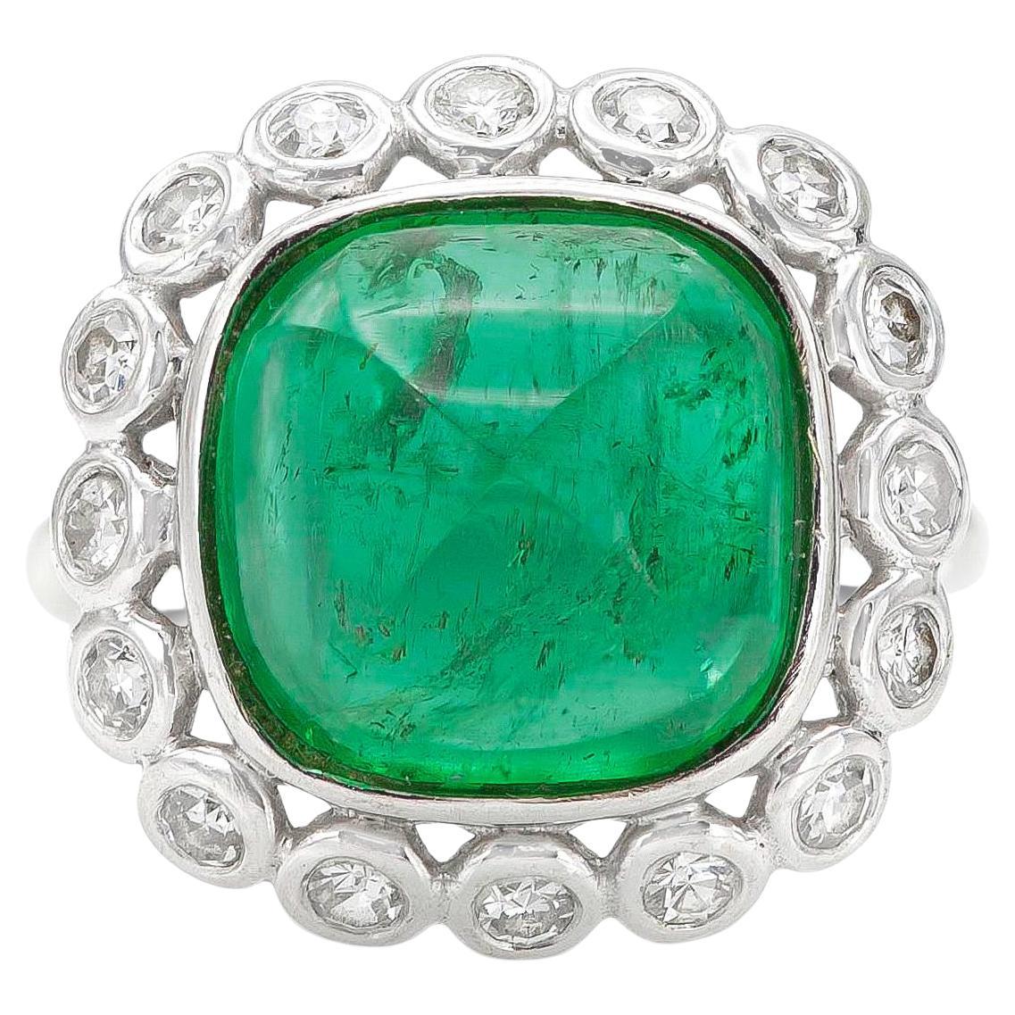 Vintage 1950s 5.00 Carat Sugarloaf Cabochon Emerald Ring with Diamonds