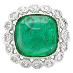 Vintage 1950s 5.00 Carat Sugarloaf Cabochon Emerald Ring with Diamonds