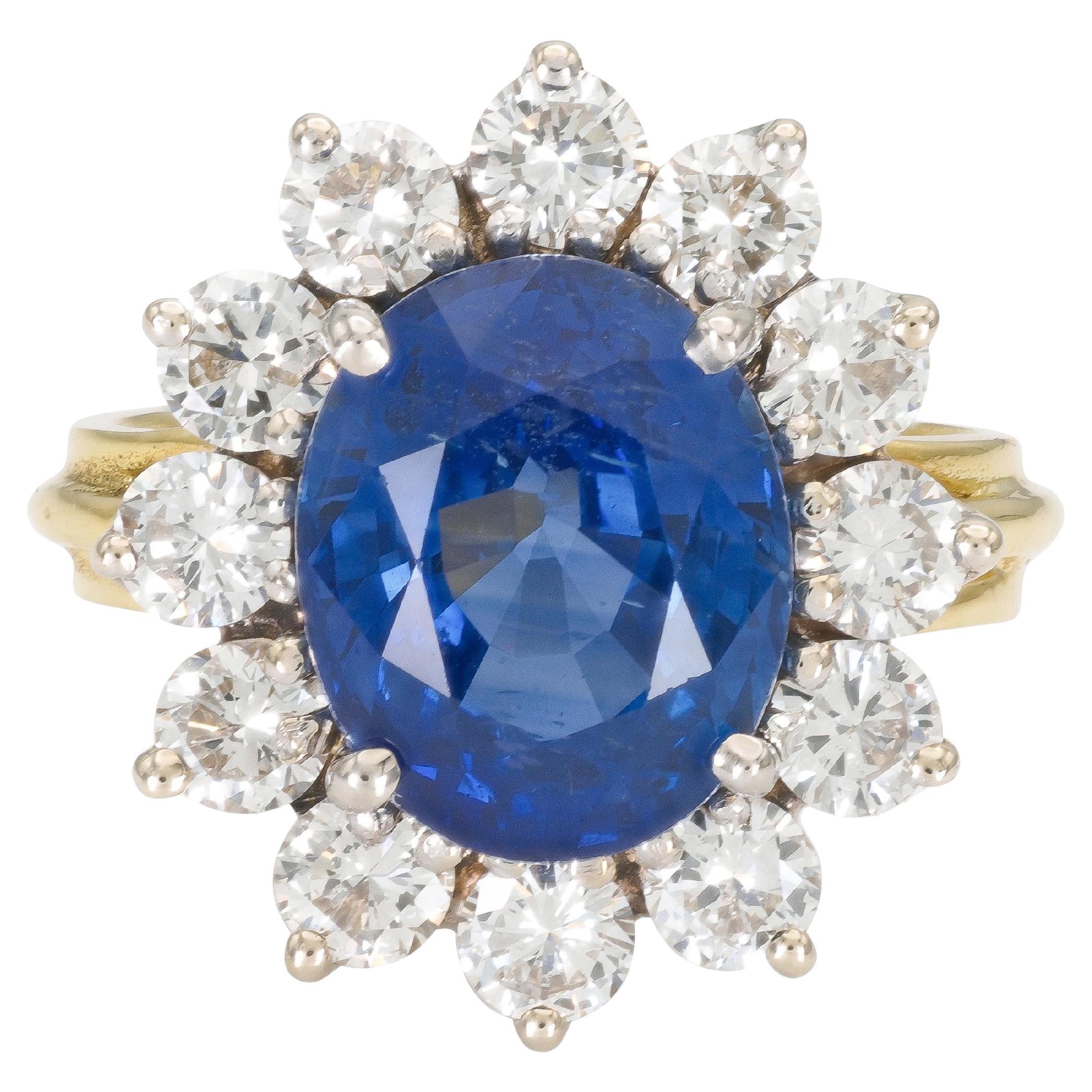 Vintage 1950s 6.21 Carat Ceylon Sapphire and Diamond Cluster Ring