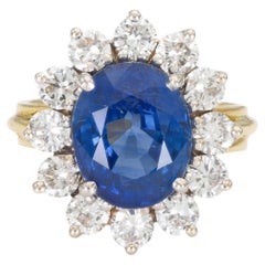 Vintage 1950s 6.21 Carat Ceylon Sapphire and Diamond Cluster Ring