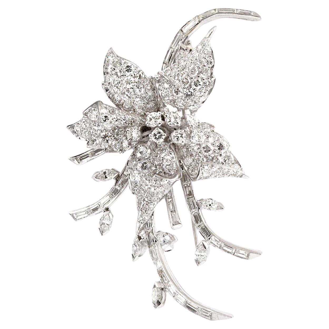 Vintage 1950s 7.00 Carat Diamond Flower Brooch For Sale