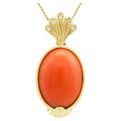 Vintage 1950s 7.27 Carat Coral and Diamond Yellow Gold Pendant