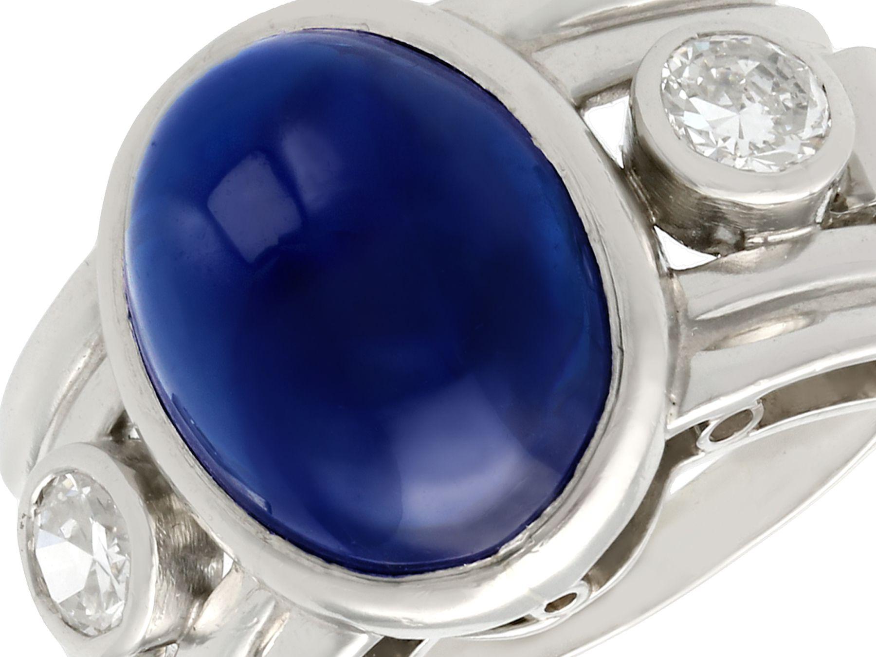 Vintage 1950s 7.62ct Cabochon Cut Sapphire and Diamond Platinum Cocktail Ring In Excellent Condition In Jesmond, Newcastle Upon Tyne