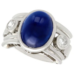 Vintage 1950s 7.62ct Cabochon Cut Sapphire and Diamond Platinum Cocktail Ring