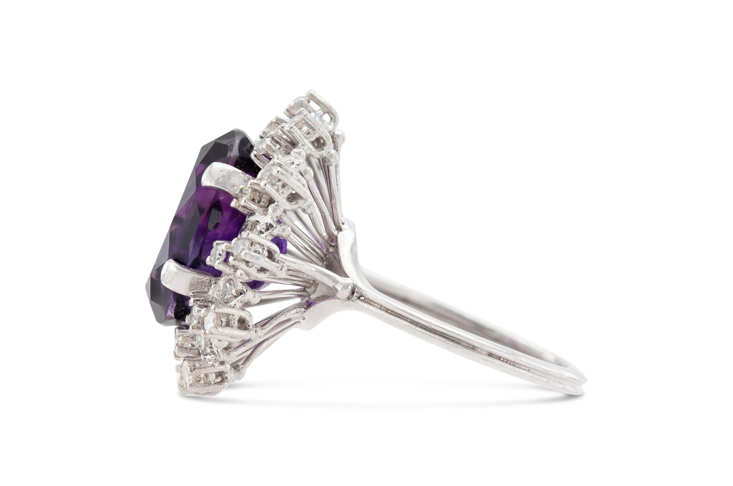 Taglio ovale Vintage 1950s 8.00 Carat Oval Cut Amethyst Ring with Diamonds in vendita