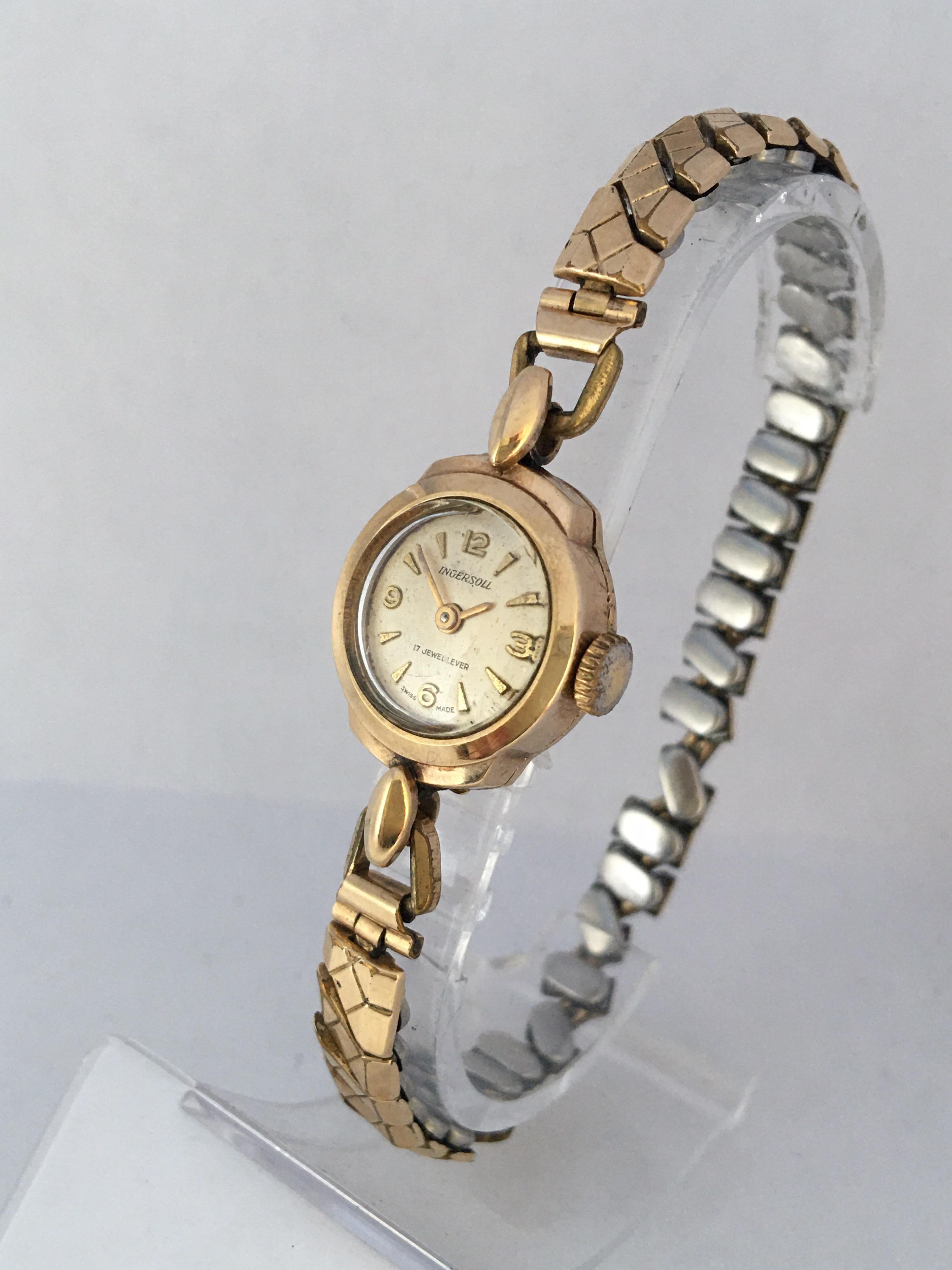 This beautiful pre-owned vintage gold mechanical ladies watch is working and it is ticking well but I cannot guarantee the time accuracy. Visible signs of ageing and wear as shown. 