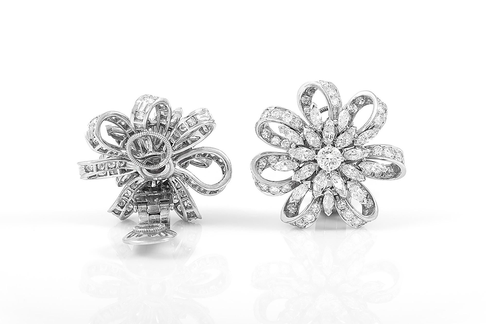 Pendientes flor de diamantes vintage de los años 50 de 9,00 quilates Corte mixto en venta