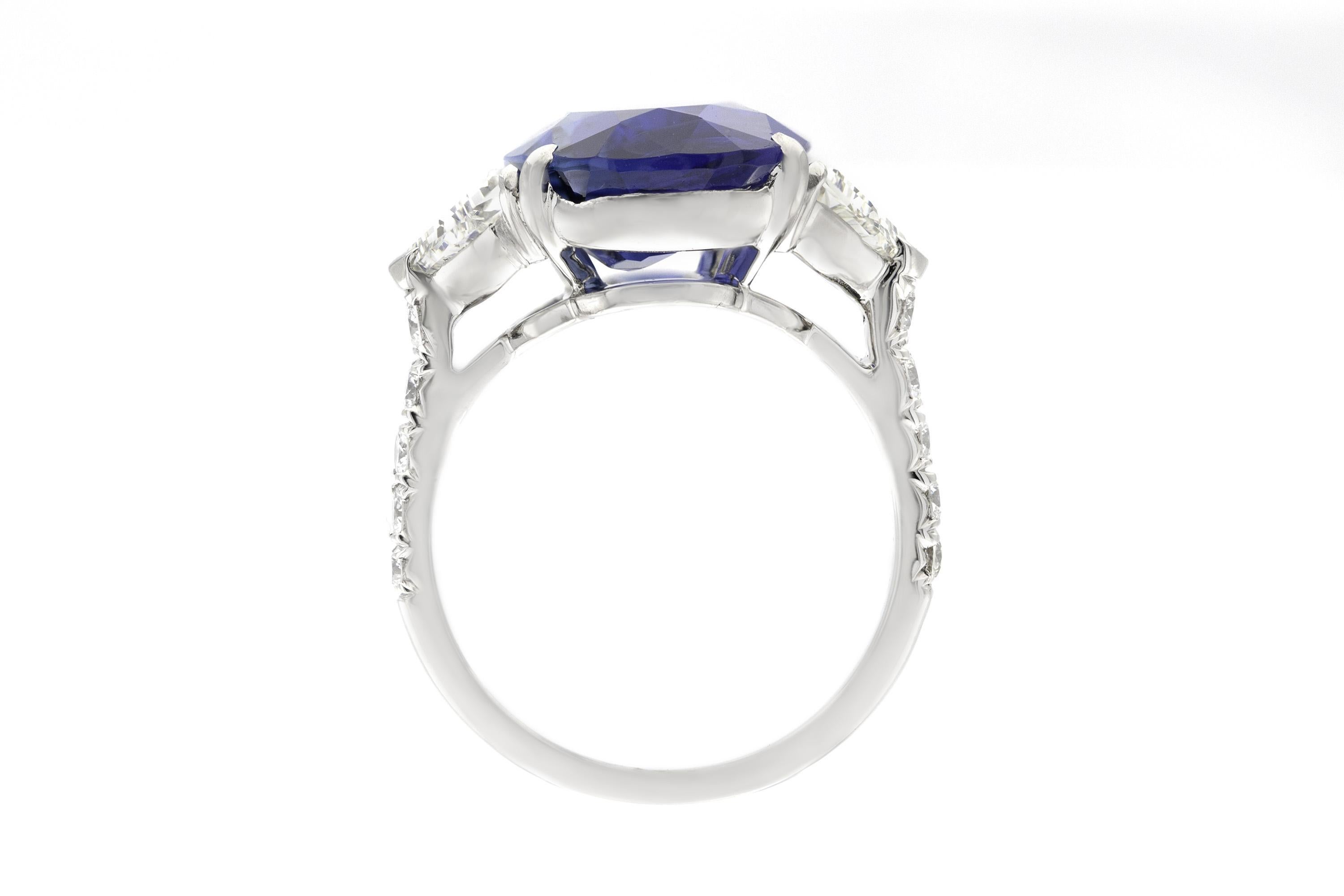 Women's Vintage 1950s 9.78 Carat Oval Cut Burma Sapphire and Shield Cut Diamonds Ring For Sale