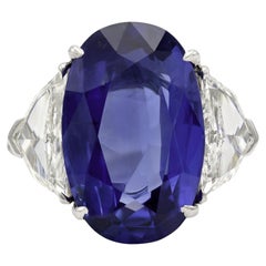 Anillo vintage de los años 50 con zafiro de Birmania talla oval de 9,78 quilates y diamantes talla escudo