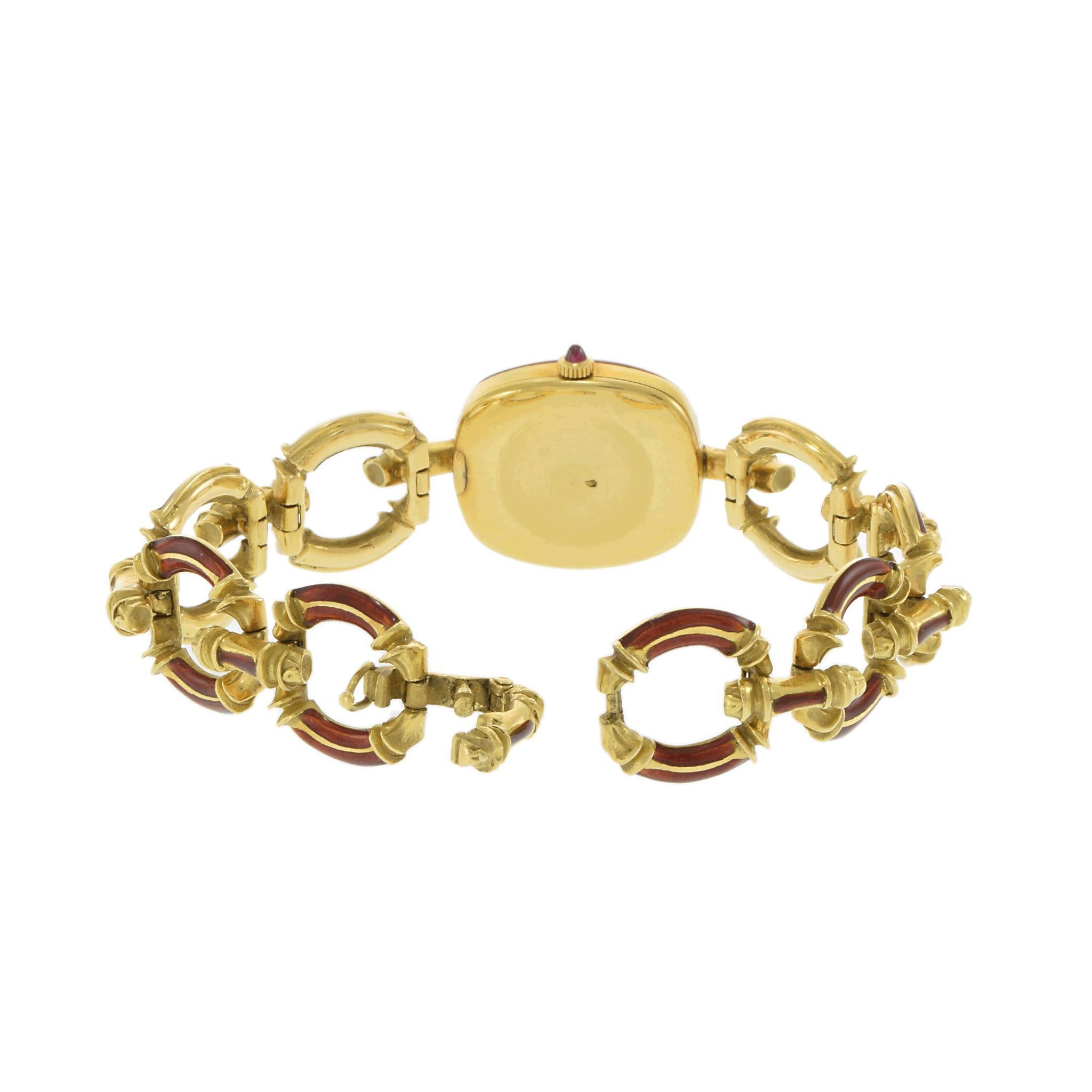 Vintage 1950s A. Barthelay 18K Yellow Gold & Red Enamel Watch In Good Condition For Sale In New York, NY