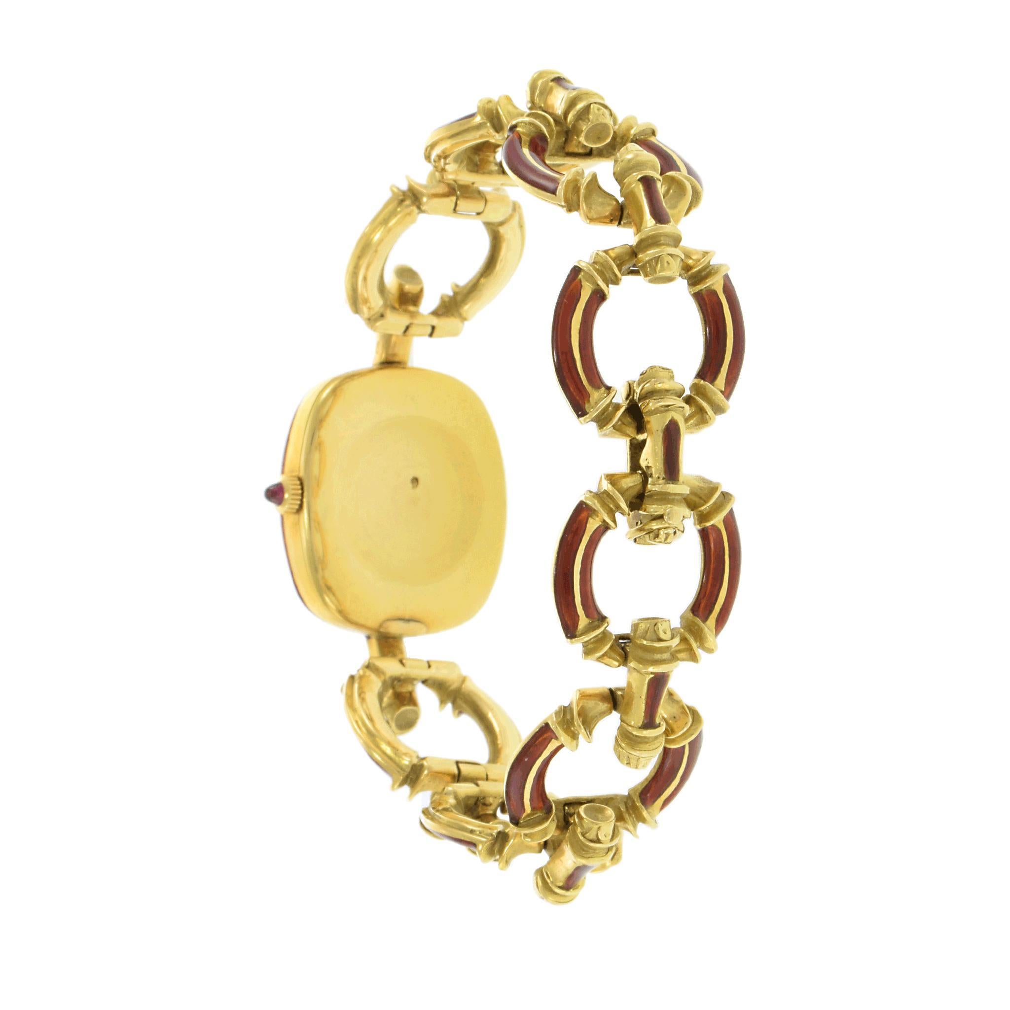 Women's or Men's Vintage 1950s A. Barthelay 18K Yellow Gold & Red Enamel Watch For Sale