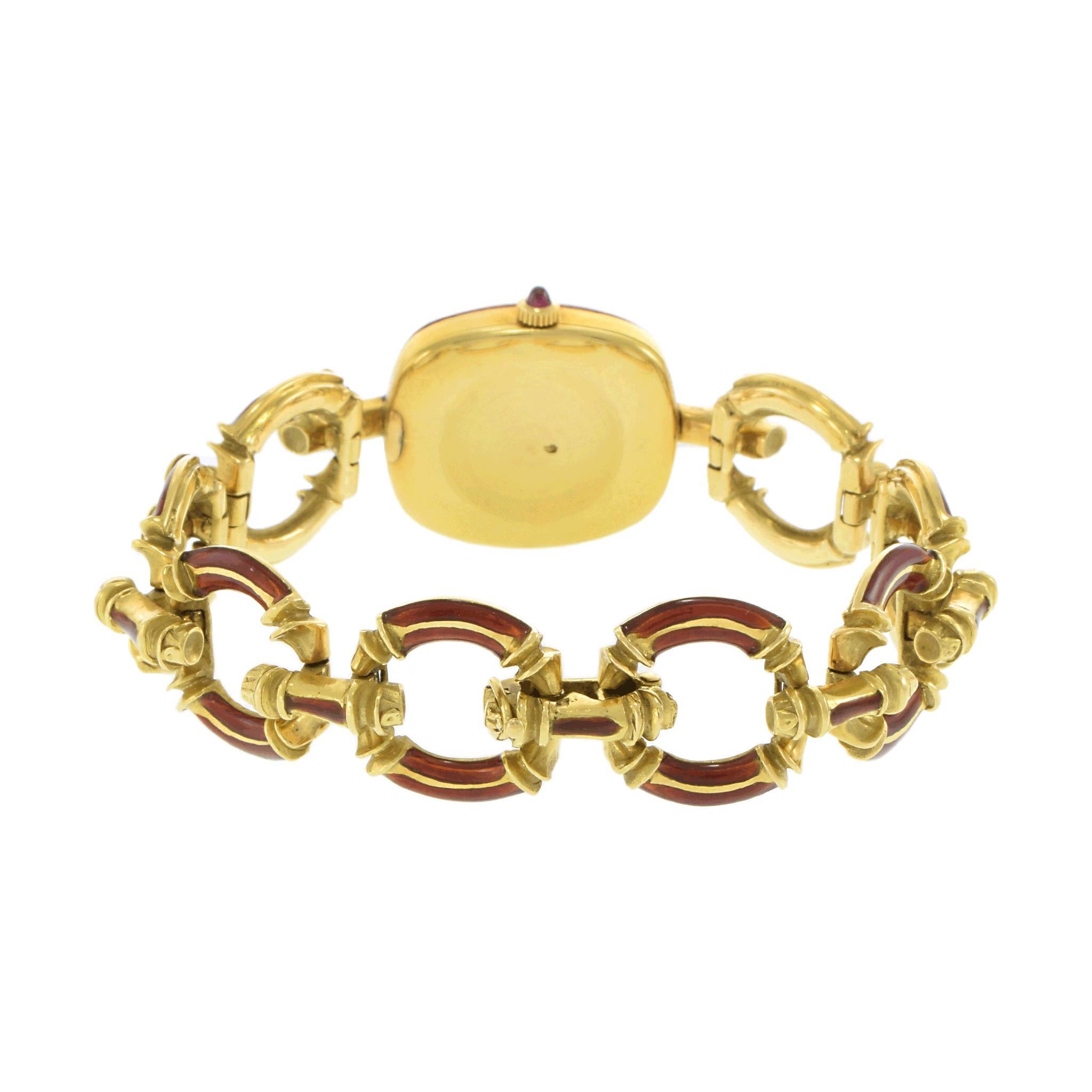 Vintage 1950s A. Barthelay 18K Yellow Gold & Red Enamel Watch For Sale 1