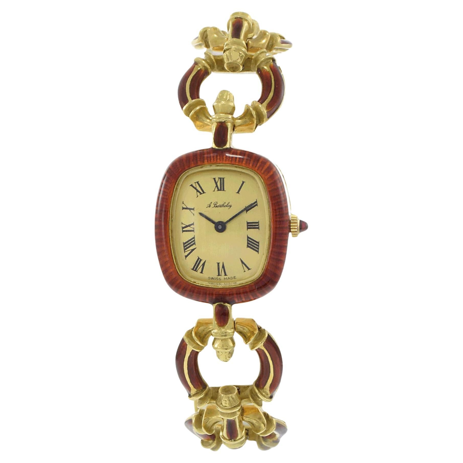 Vintage 1950s A. Barthelay 18K Yellow Gold & Red Enamel Watch For Sale