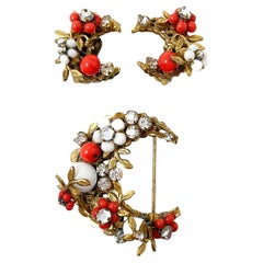 Vintage 1950s American Glass and Rhinestone Floral Brooch and Earrings Set