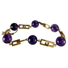 Vintage 1950's Amethyst Cabochon Geometric Bracelet 14k Yellow Gold