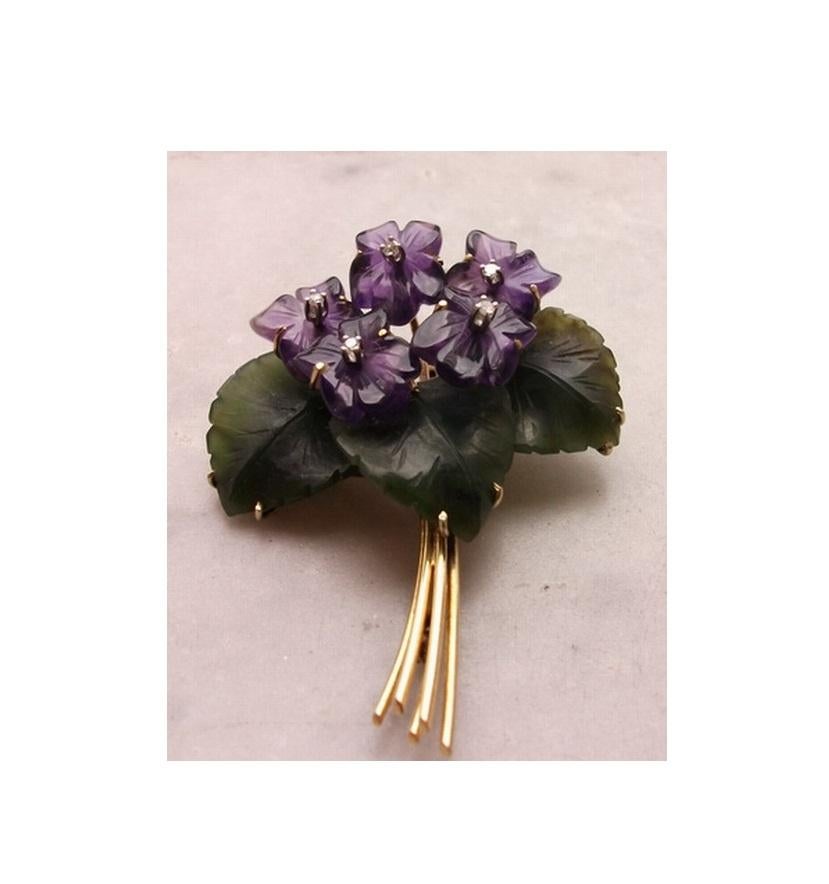 Brilliant Cut Vintage 1950s Amethyst Jade Diamonds 14k Yellow Gold Bouquet of Violets Brooch