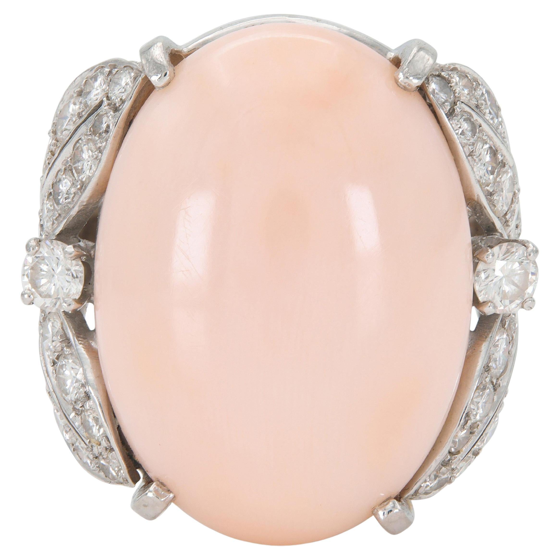 Vintage 1950s Angel Skin Coral Ring with Diamonds