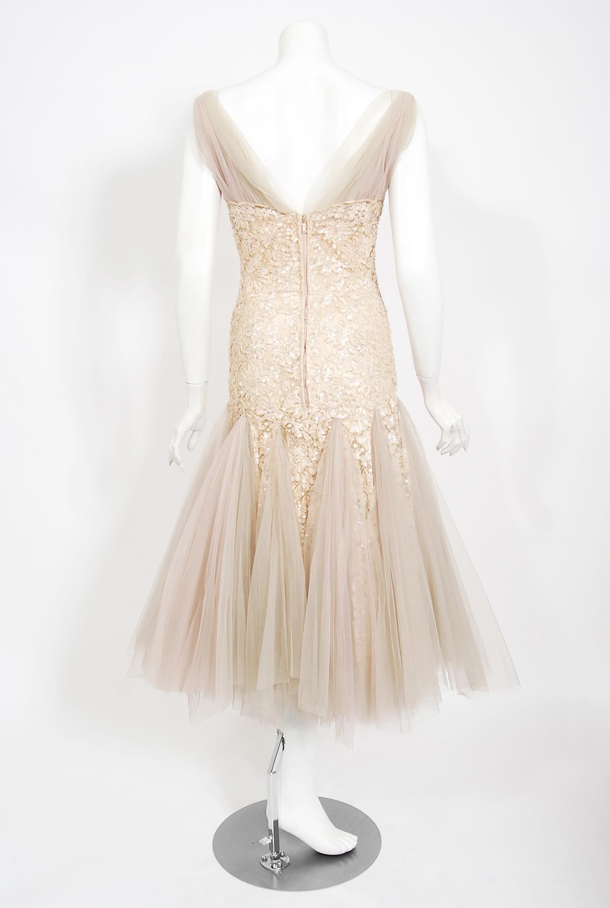 Vintage 1950's Anne Verdi Champagne Sequin Lace & Tulle Bustle Back Bridal Dress For Sale 6