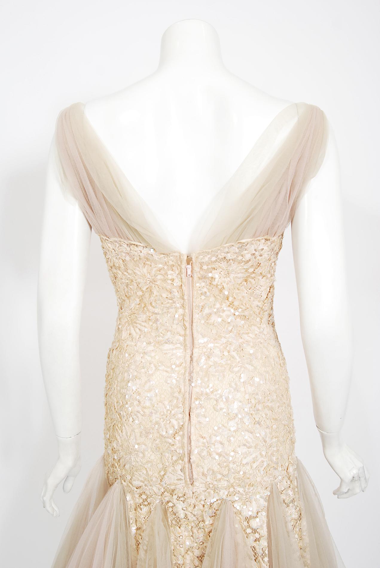 1950's Anne Verdi Couture Champagne Sequin Lace & Tulle Bustle Back Bridal Dress For Sale 4