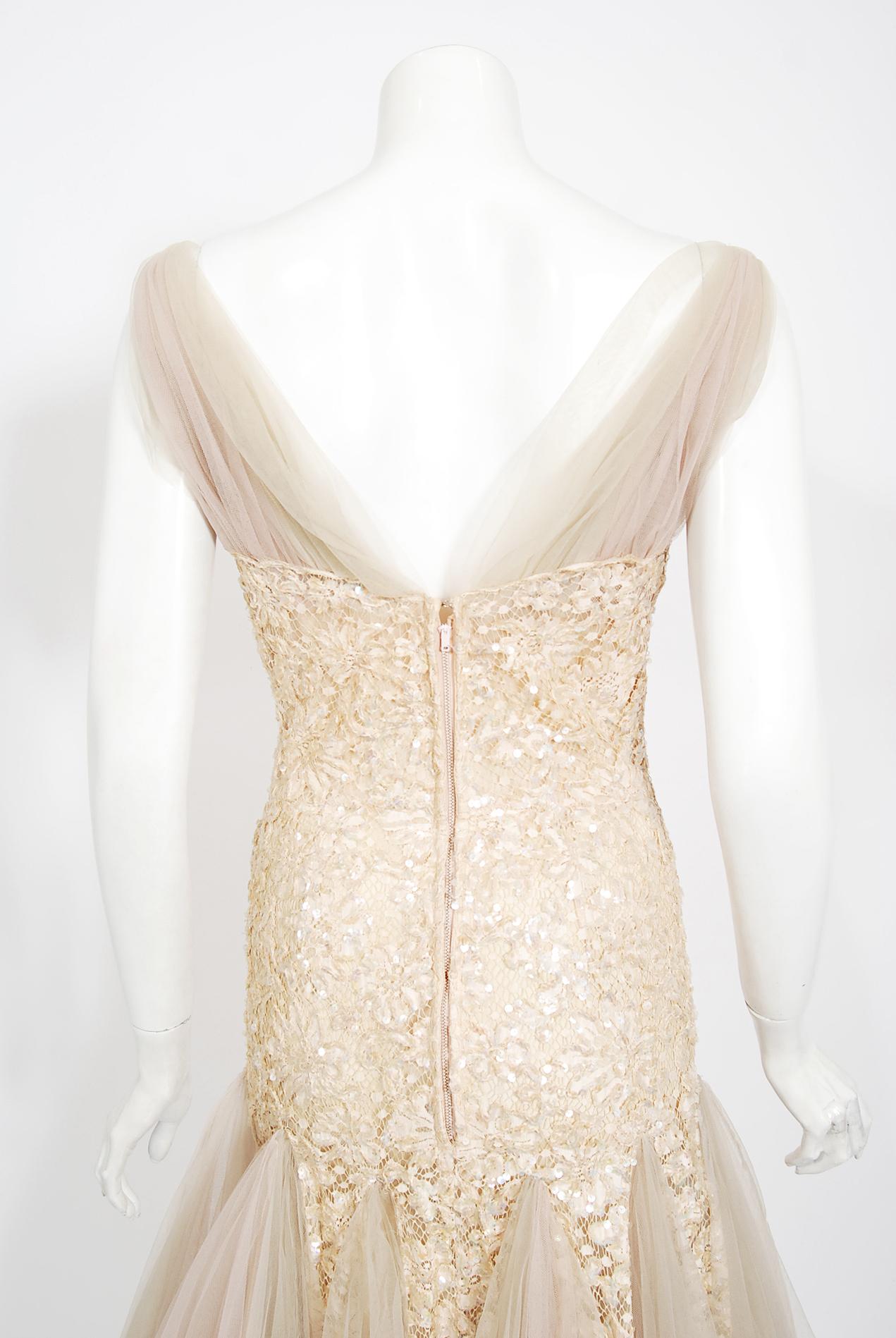 Vintage 1950's Anne Verdi Champagne Sequin Lace & Tulle Bustle Back Bridal Dress For Sale 4