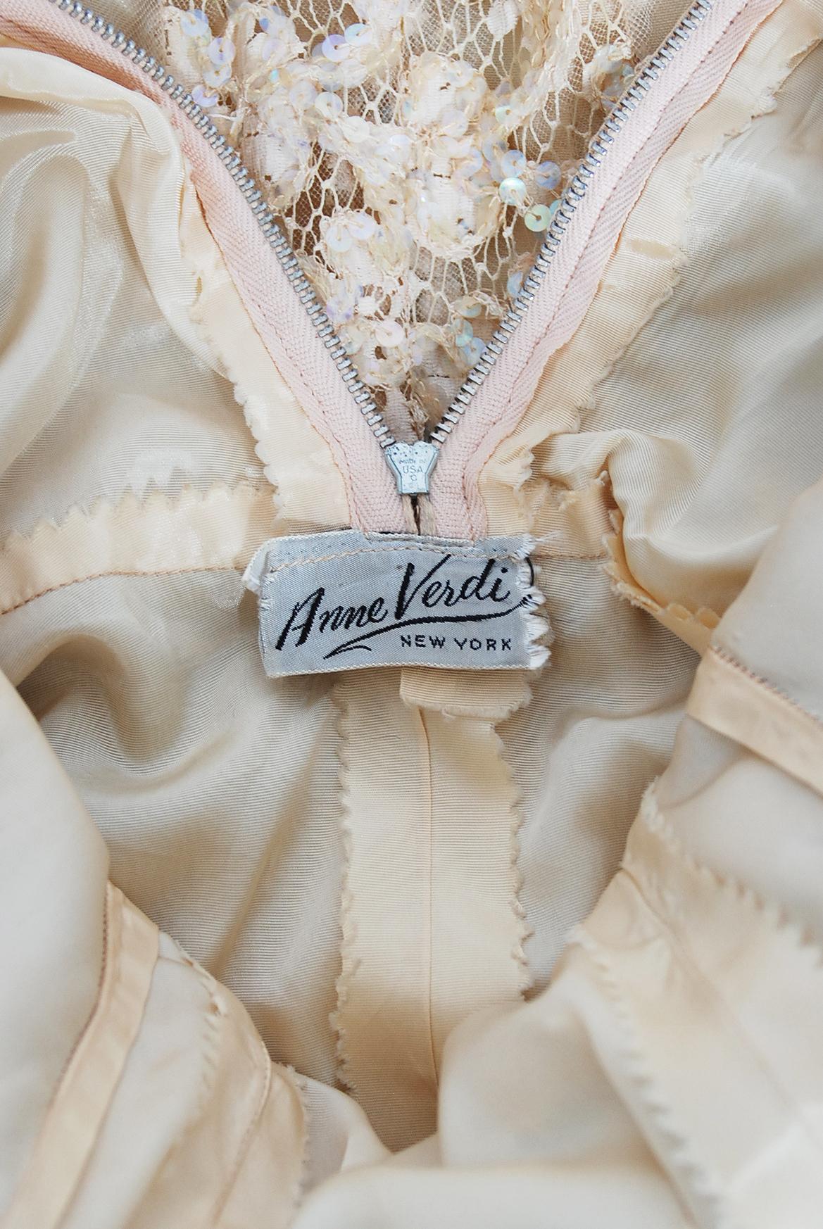 Vintage 1950's Anne Verdi Champagne Sequin Lace & Tulle Bustle Back Bridal Dress For Sale 8