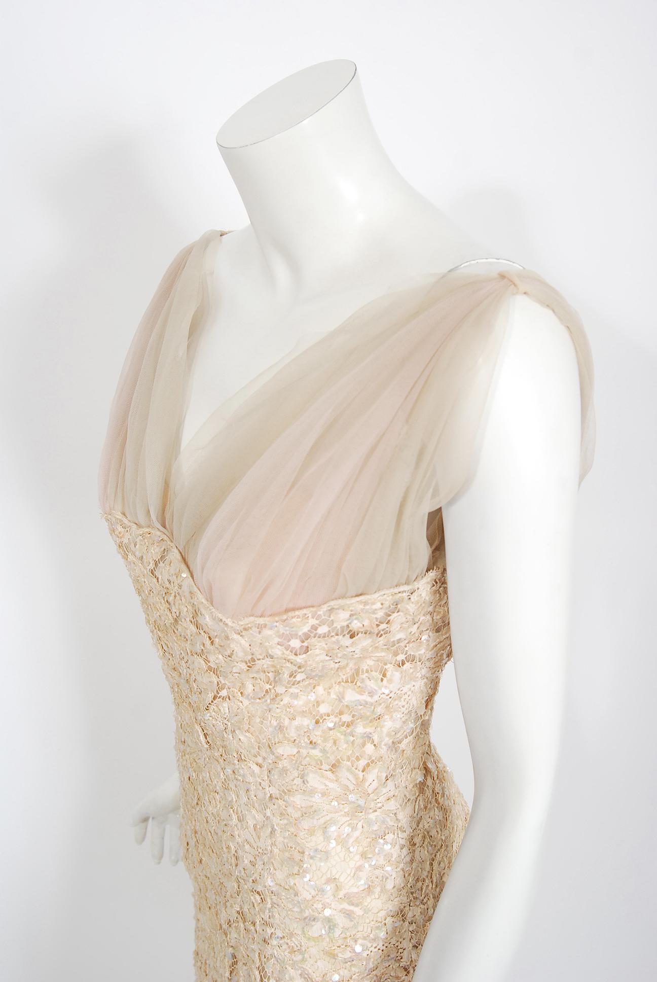 Women's Vintage 1950's Anne Verdi Champagne Sequin Lace & Tulle Bustle Back Bridal Dress For Sale