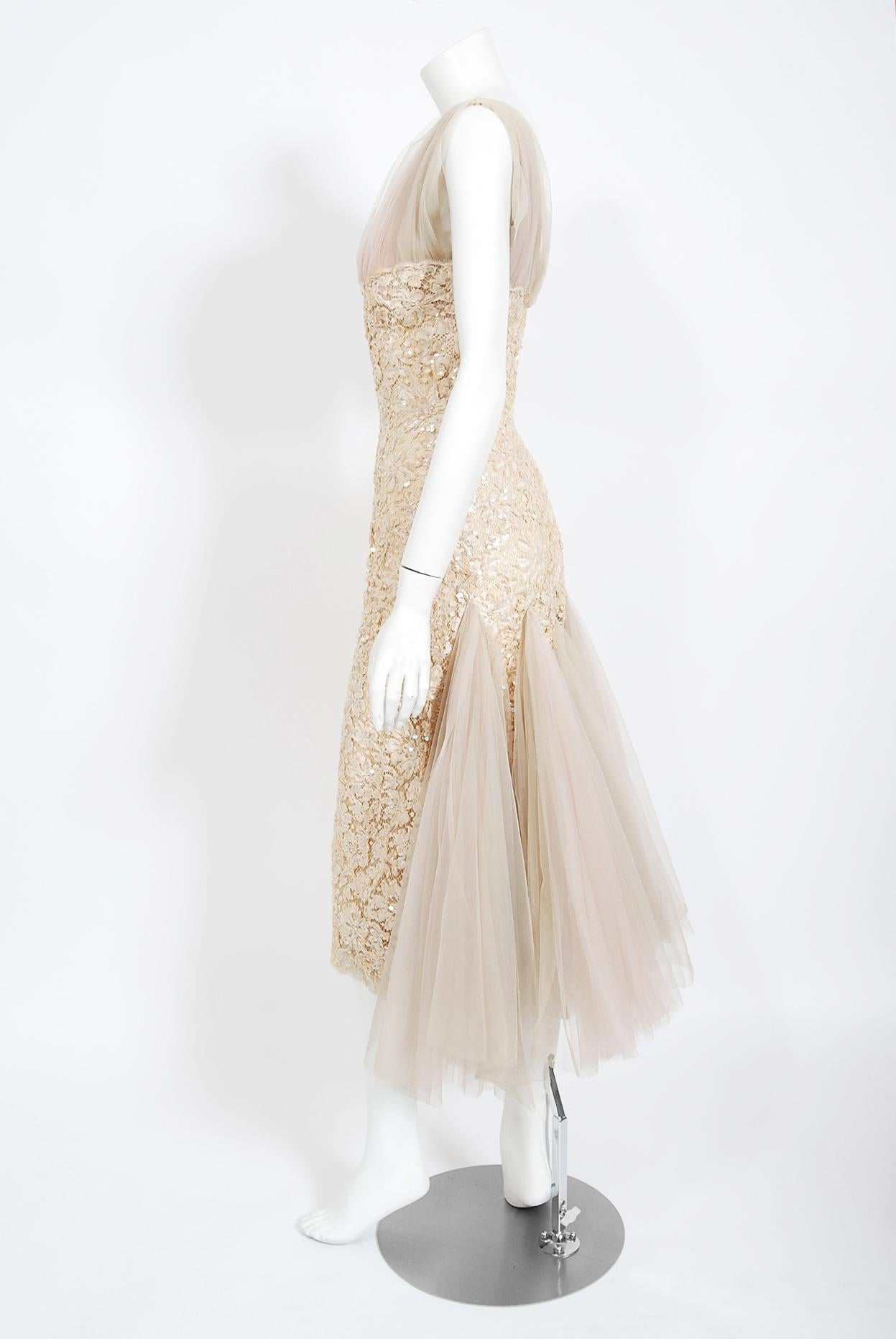 Beige 1950's Anne Verdi Couture Champagne Sequin Lace & Tulle Bustle Back Bridal Dress For Sale