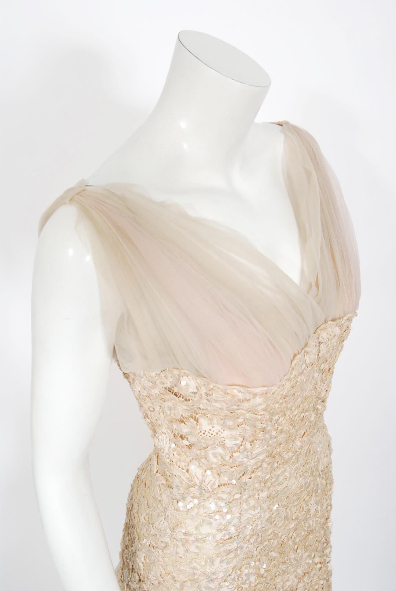 Vintage 1950's Anne Verdi Champagne Sequin Lace & Tulle Bustle Back Bridal Dress For Sale 2