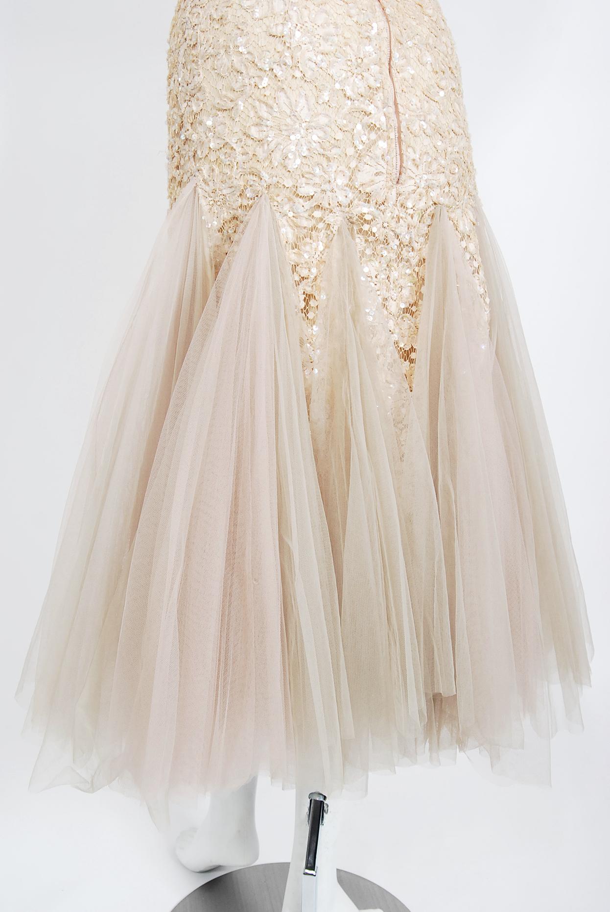 Vintage 1950's Anne Verdi Champagne Sequin Lace & Tulle Bustle Back Bridal Dress For Sale 4