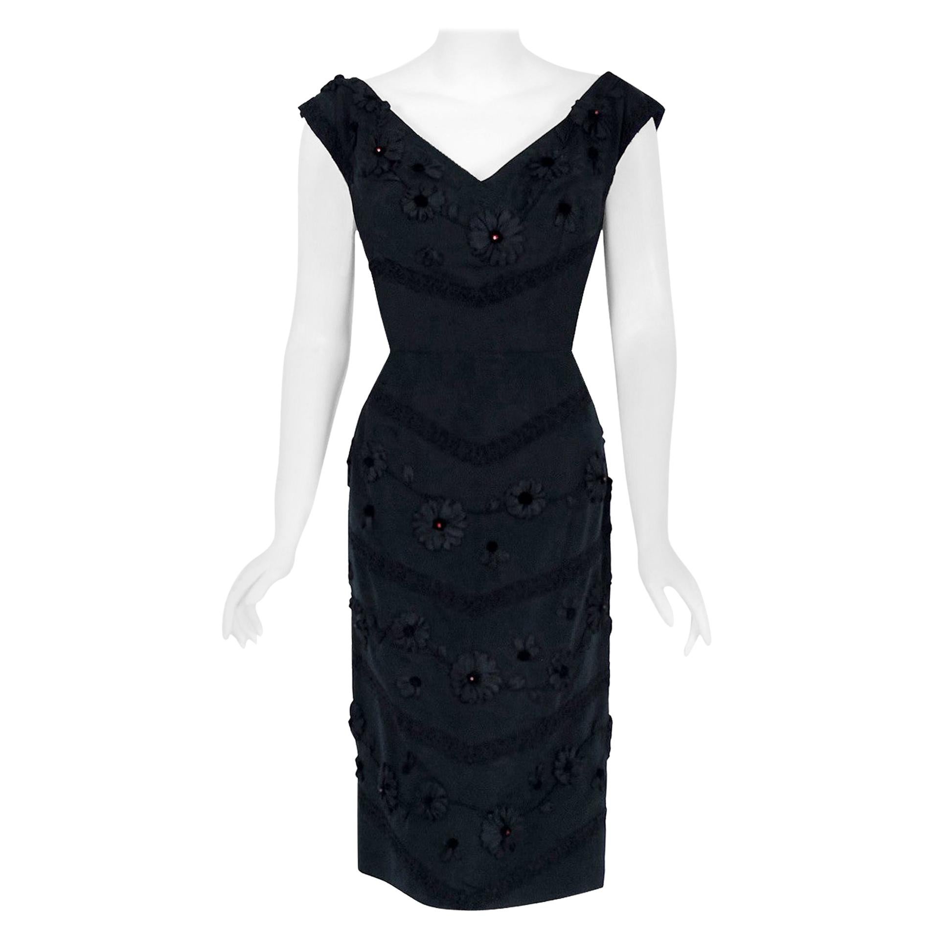 Vintage 1950's Antonelli Italian Couture Black Embroidered Applique Silk Dress