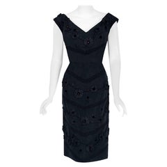 Vintage 1950
s Antonelli Italian Couture Black Embroidered Applique Silk Dress