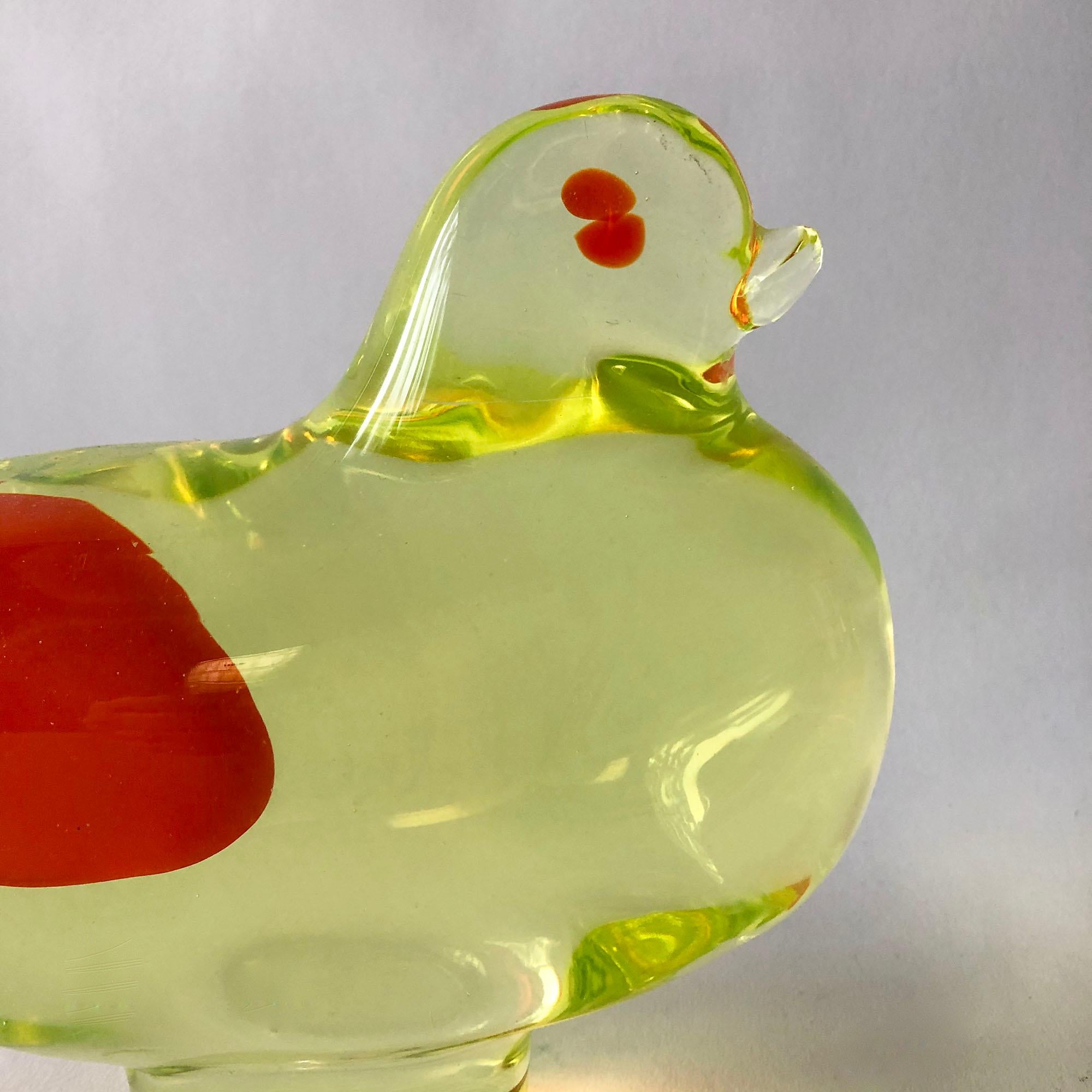 1950s Italian modernist glass bird sculpture by Antonio da Ros for Cenedese, Italy. Bird does have an altered beak which was broken at one time, then ground down and polished somewhat square. Piece does display well despite the imperfection. It