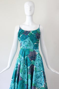 Vintage 1950's Aqua Blue Floral Rhinestone Cotton Day Dress US 2 UK 6