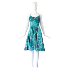 Vintage 1950's Aqua Blue Floral Rhinestone Cotton Day Dress US 2 UK 6