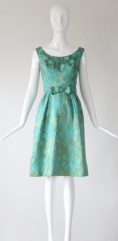 Vintage 1950's Aqua Floral Silk Brocade Dress and Coat Ensemble UK 8 US 4