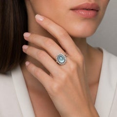 Vintage 1950s Aquamarine Cabochon Diamond Ring 18k White Gold