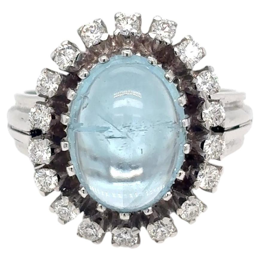 Vintage 1950s Aquamarine Cabochon Diamond Ring 18k White Gold
