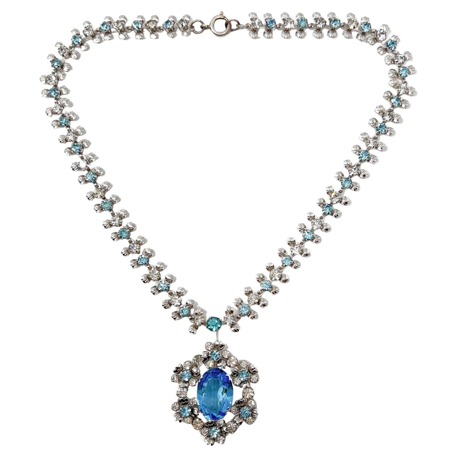 Vintage 1950s Aquamarine Rhinestone Floral Necklace For Sale