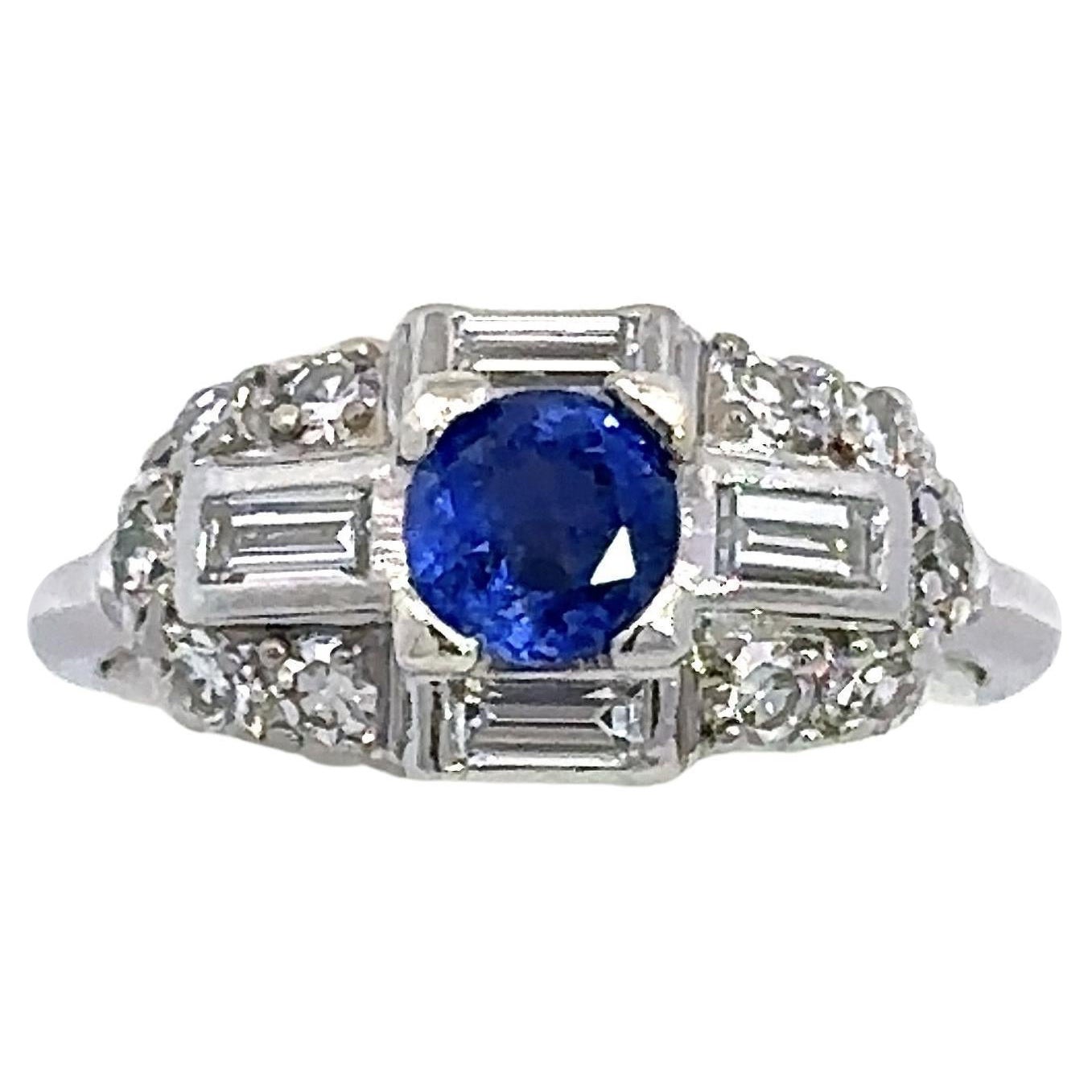 Vintage 1950's Art Deco Diamond & Sapphire Platinum Ring For Sale