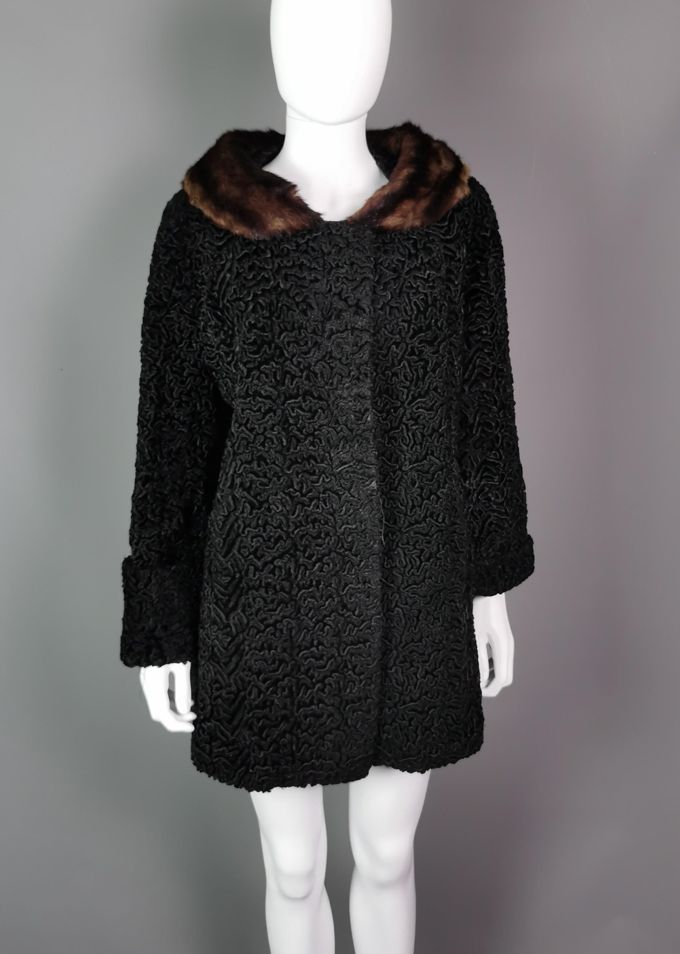 Vintage 1950s Astrakhan coat, mink fur collar  For Sale 4