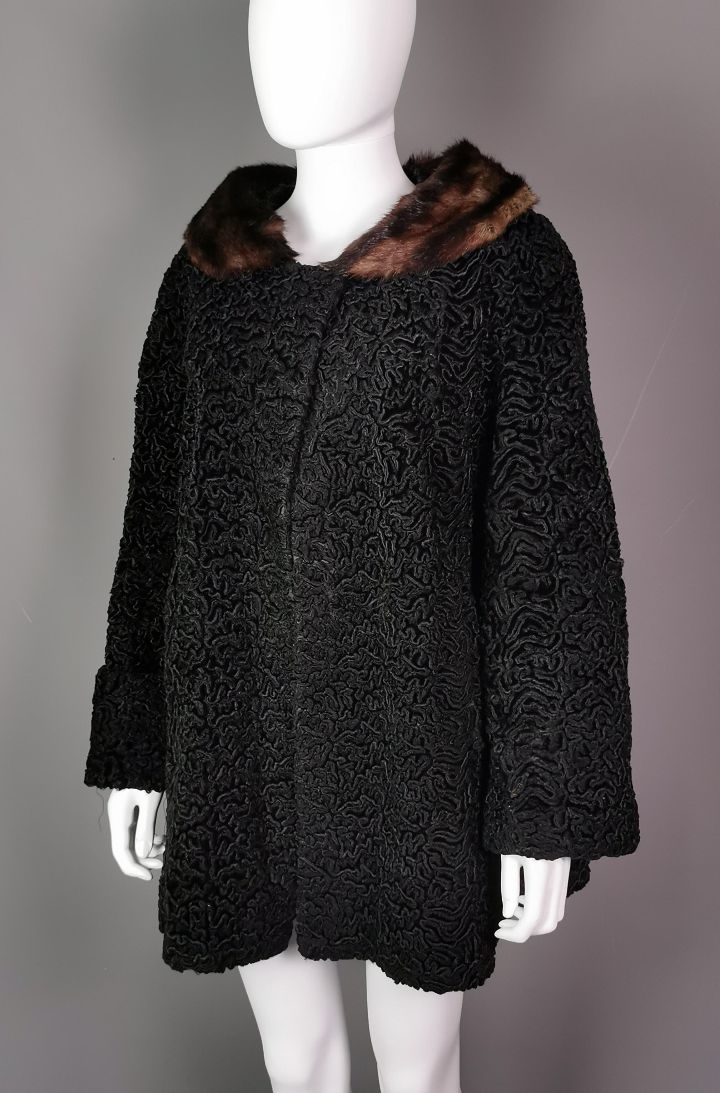 Vintage 1950s Astrakhan coat, mink fur collar  For Sale 9