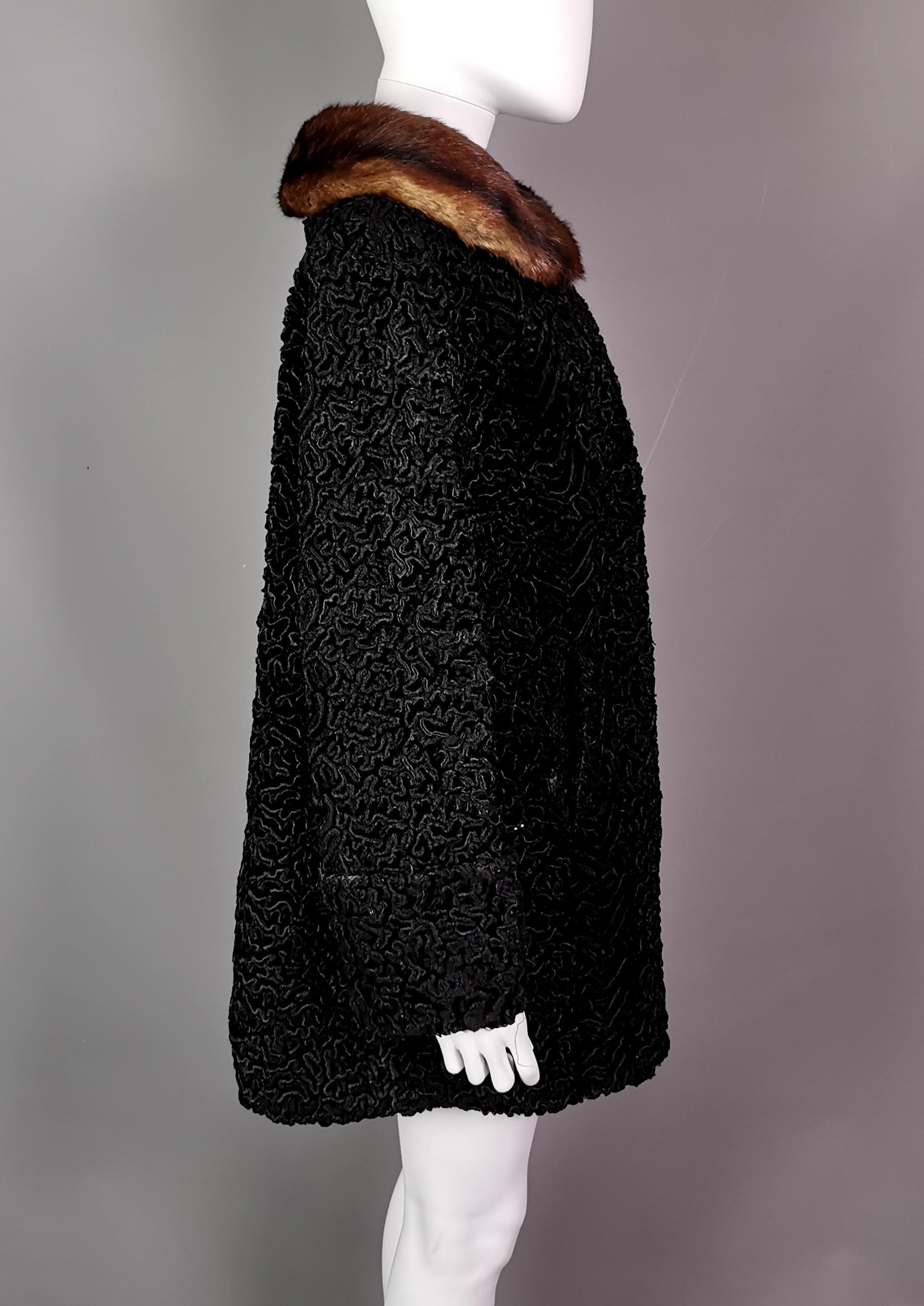 Black Vintage 1950s Astrakhan coat, mink fur collar  For Sale