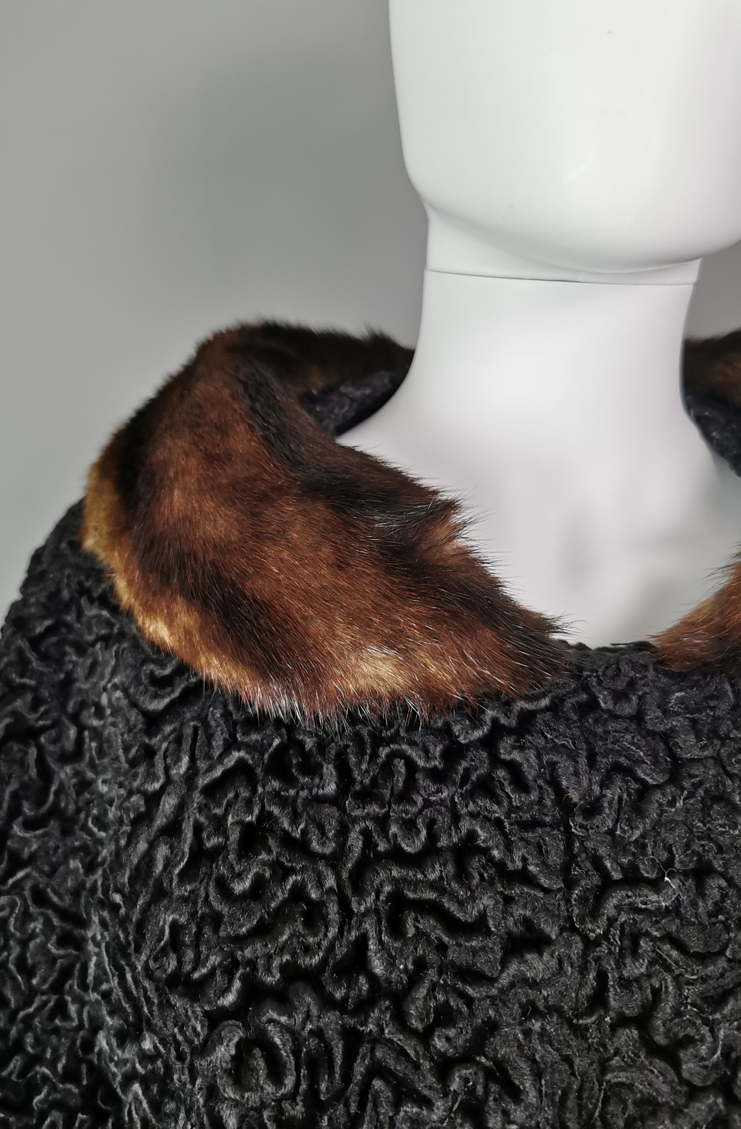 Vintage 1950s Astrakhan coat, mink fur collar  In Fair Condition For Sale In NEWARK, GB