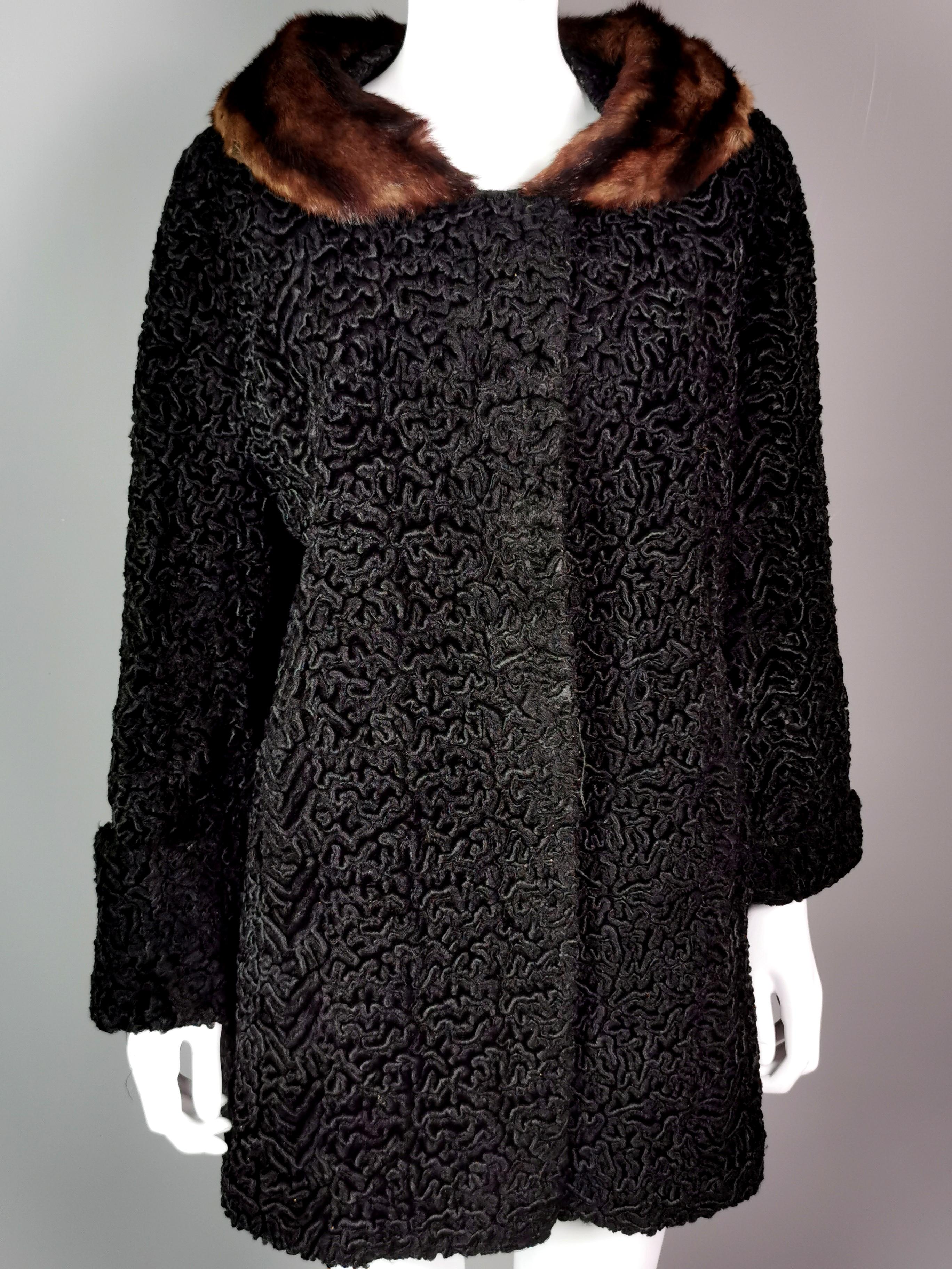 Vintage 1950s Astrakhan coat, mink fur collar  For Sale 3