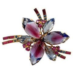 Vintage 1950s Austrian Pink and Blue Glass Flower Brooch